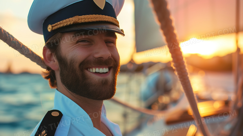 游船上面戴微笑的船长图片