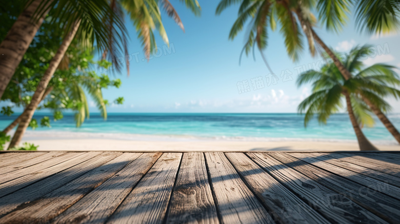 木地板前的沙滩和棕榈树图片