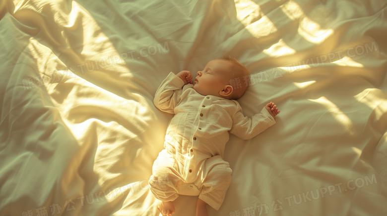 阳光照洒的床上睡觉的婴儿图片