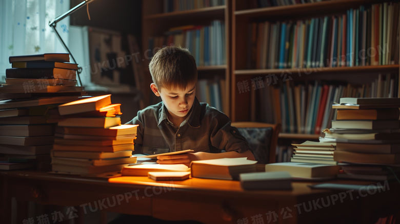 书房书堆里学习的小男孩图片