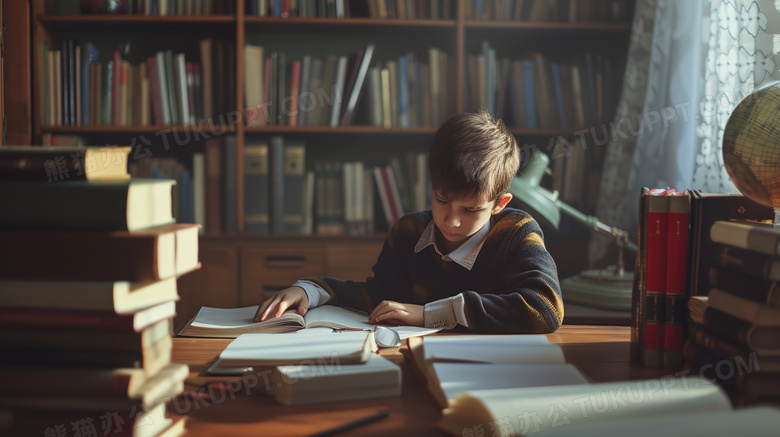 书房书堆里学习的小男孩图片