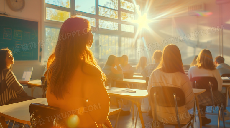 阳光照射进坐满学生的教室图片
