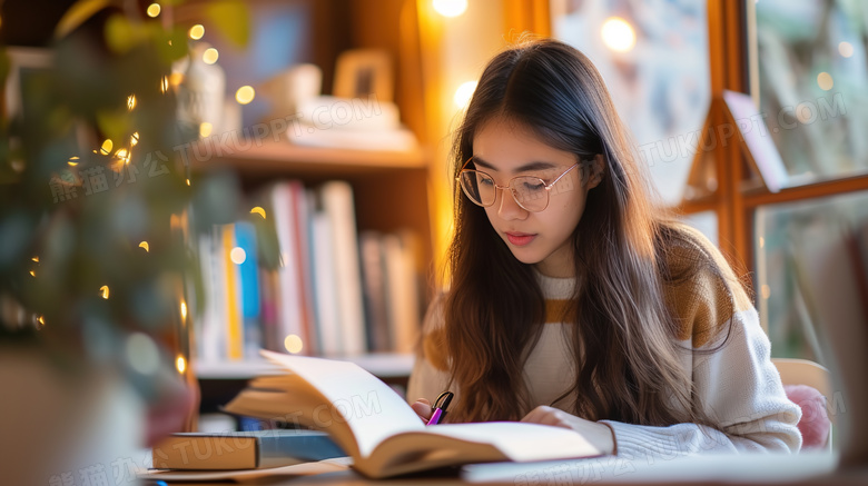 书房里认真学习的女生图片