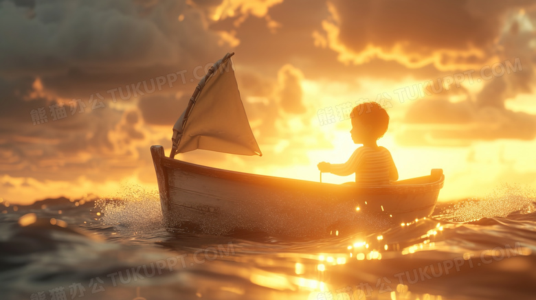 黄昏海面上小男孩坐在小帆船上图片