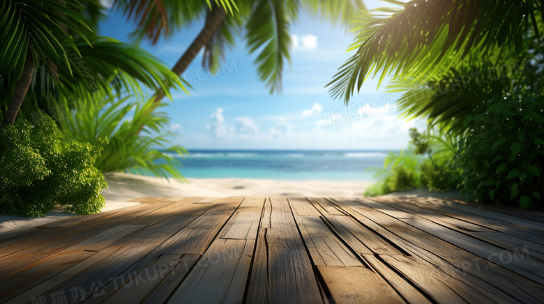木地板前的沙滩和棕榈树图片