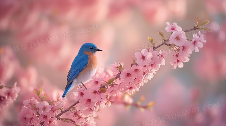 盛开的樱花树枝上的知更鸟图片