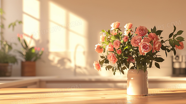 厨房餐桌上花瓶里的一束玫瑰花图片