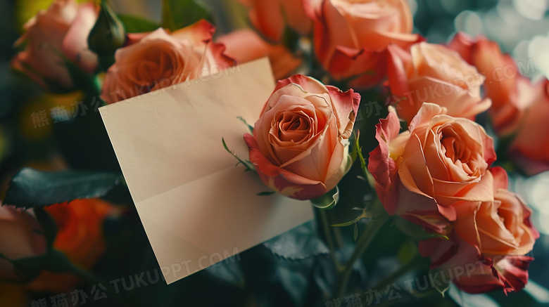 玫瑰花束里的空白礼卡图片