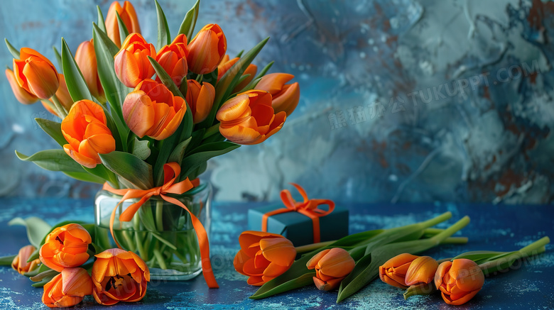 蓝色背景前的橙色郁金香和礼物图片