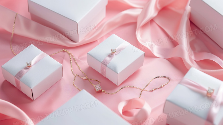 粉红底色上的白色珠宝礼盒图片