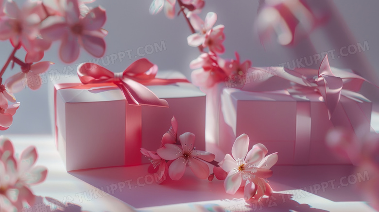 粉色鲜花与粉色丝带包裹的礼物图片