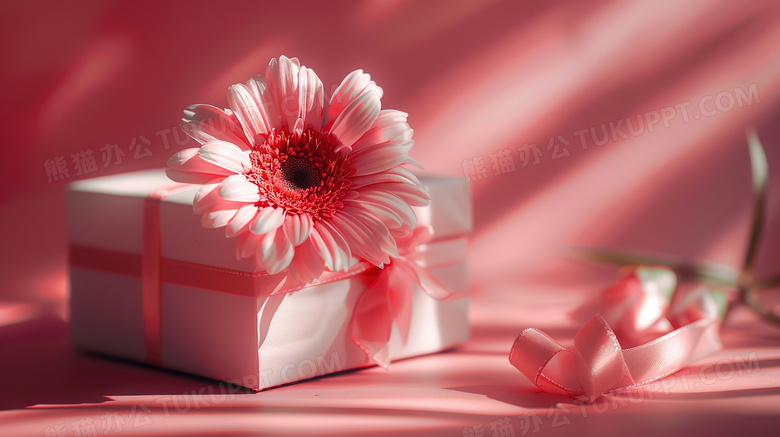 粉色鲜花与粉色丝带包裹的礼物图片
