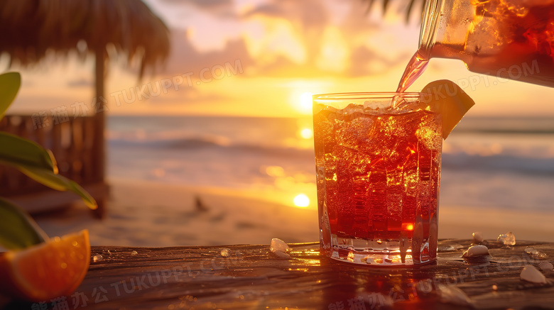 海边夕阳下的饮料图片