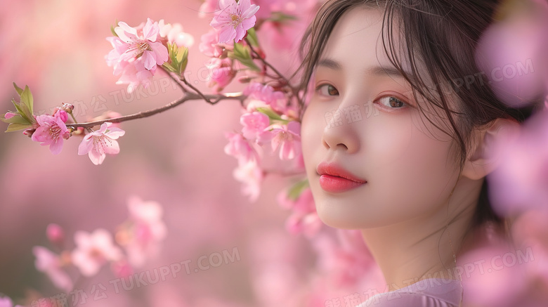粉色樱花树下的少女写真图片