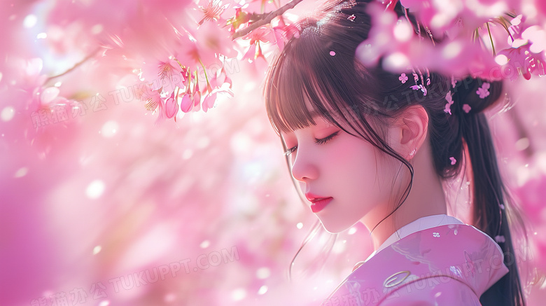 粉色樱花树下的少女写真图片