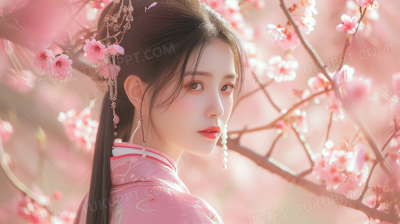 粉色樱花树下的少女写真图片