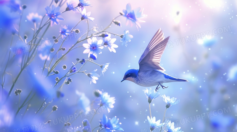 蓝色野花丛旁的蓝色小鸟图片