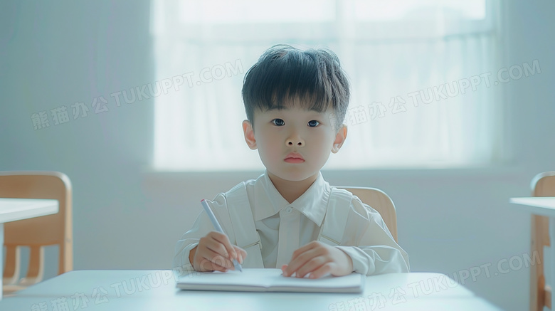 课室里课桌前写字的小男孩图片