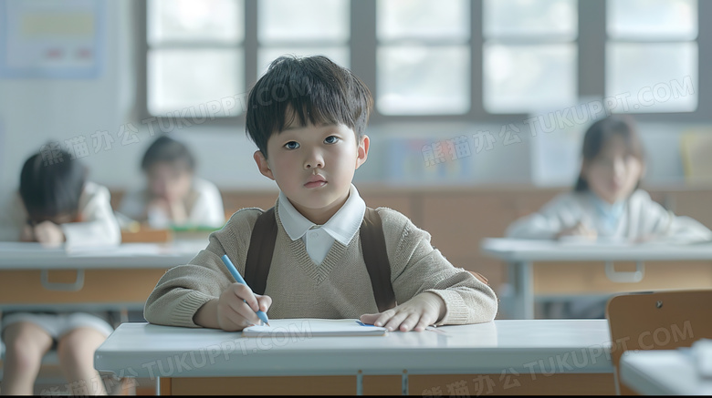 课室里课桌前写字的小男孩图片
