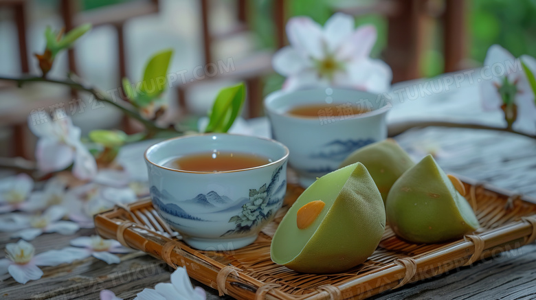 桌上的清明节青团茶水图片