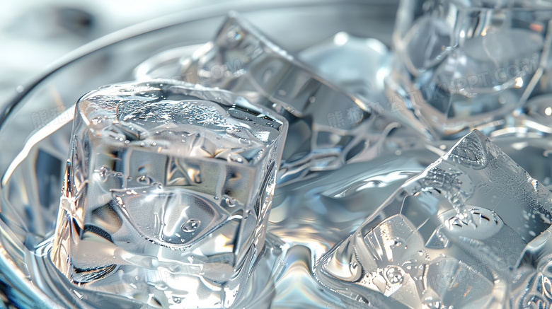 透明水杯冰块特写图片