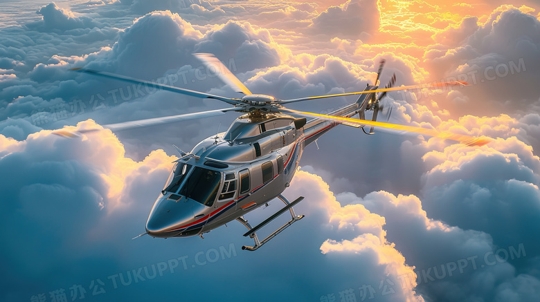 黄昏云层上飞行的直升机图片