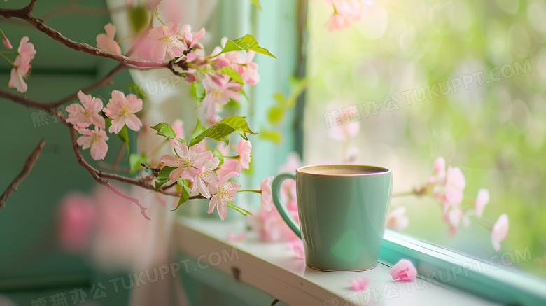 春天窗户前的绿色茶杯图片
