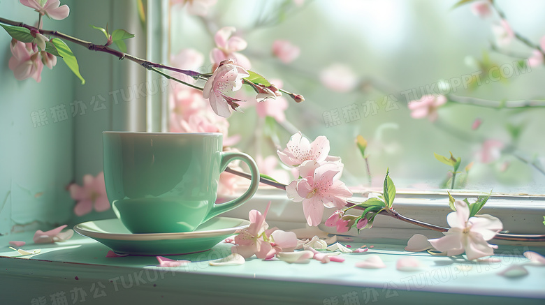 春天窗户前的绿色茶杯图片