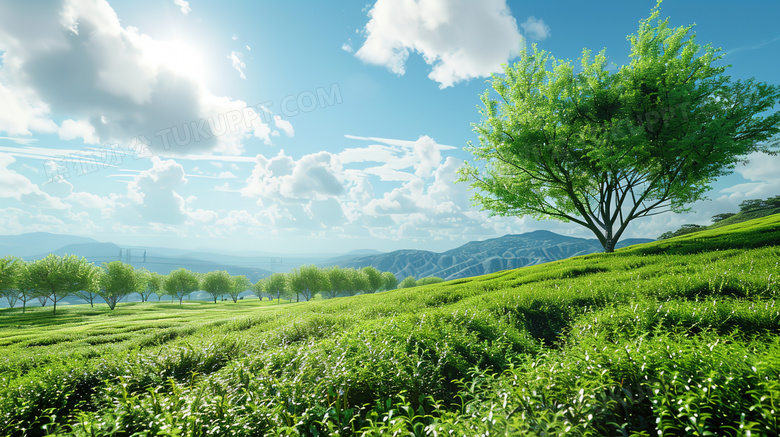 蓝天白云春茶茶园风景图片