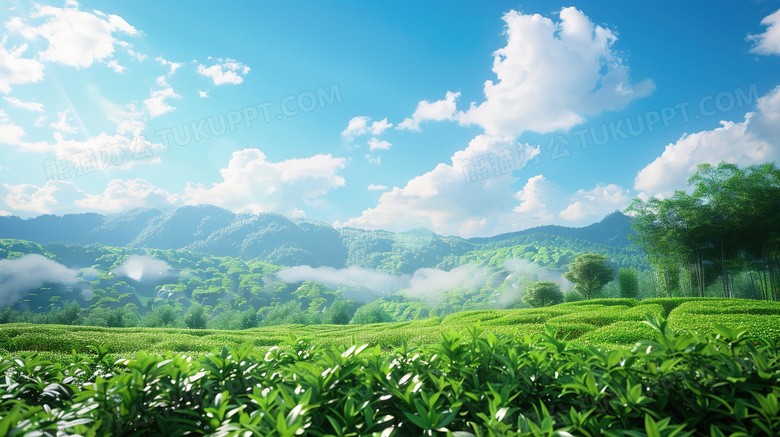 蓝天白云春茶茶园风景图片