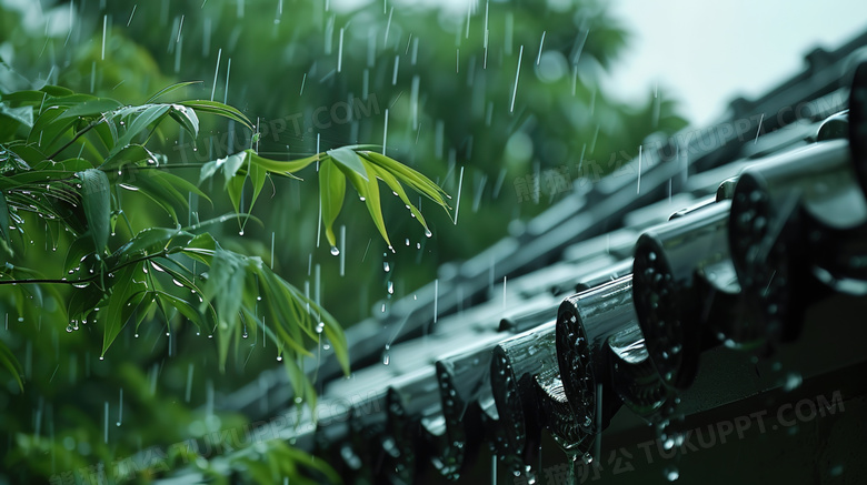 中国风谷雨雨季滴雨的屋檐图片