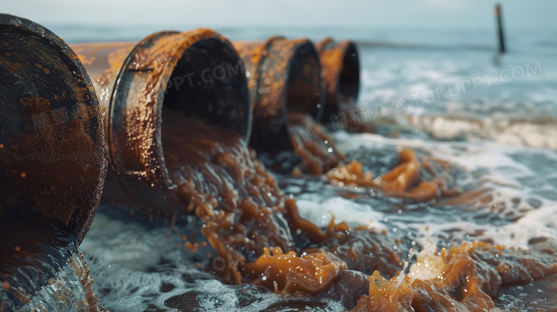 一根水管把褐色的污水排入大海图片