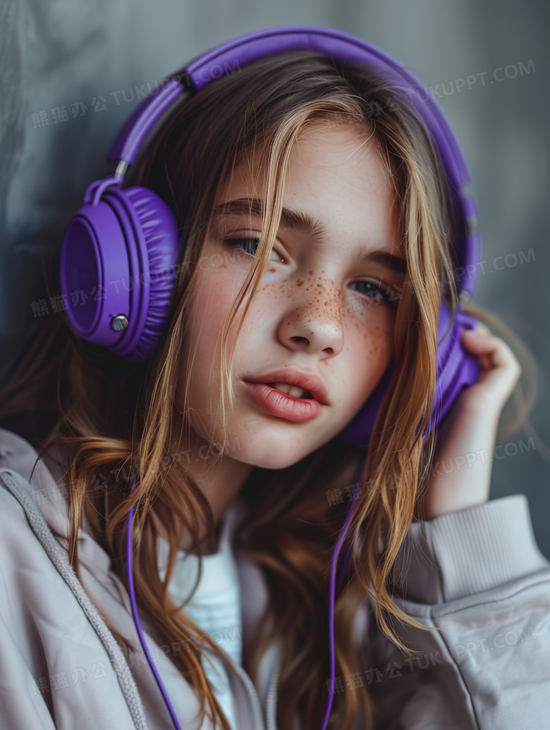 一个戴着紫色耳机的女孩图片