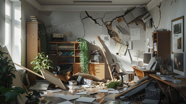 地震中坍塌损毁的办公室图片