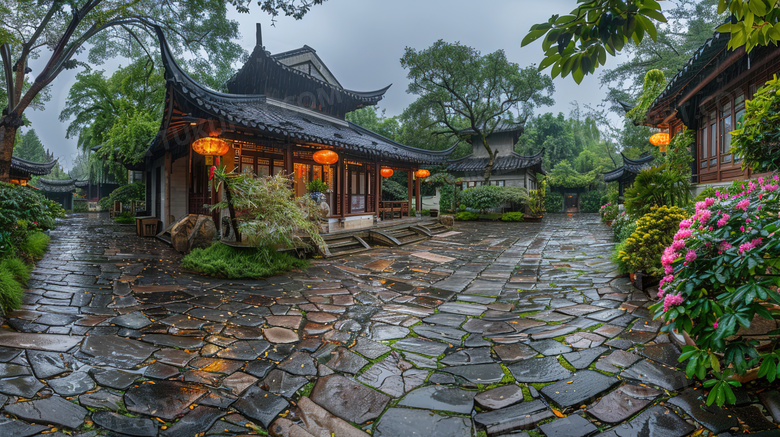 雨后古树旁的江南式民居图片