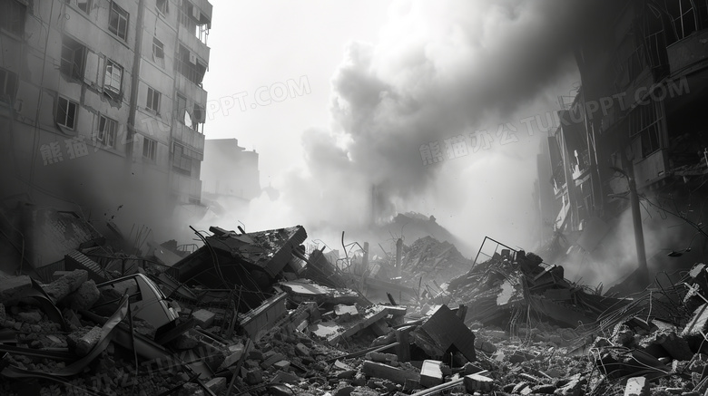地震后的城市废墟黑白图片