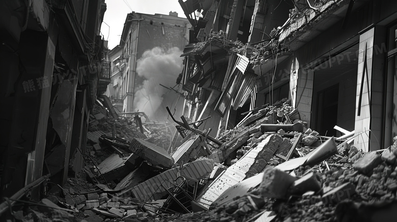 地震后的城市废墟黑白图片