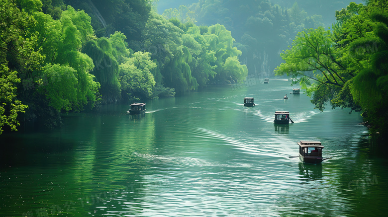 山谷森林河流上的游船图片
