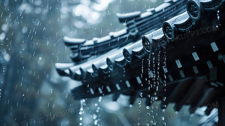 雨中的古建筑屋檐滴落的雨滴图片