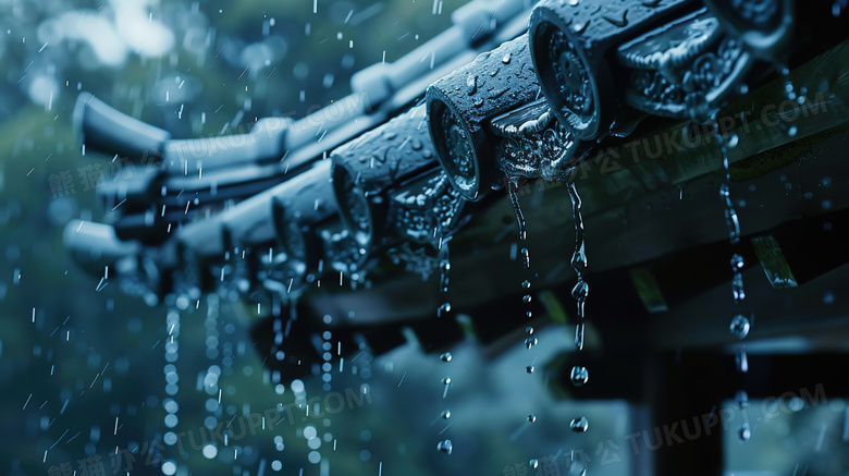 雨中的古建筑屋檐滴落的雨滴图片