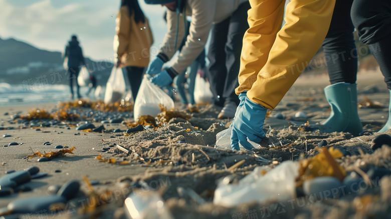 自愿者在沙滩上收拾塑料瓶图片