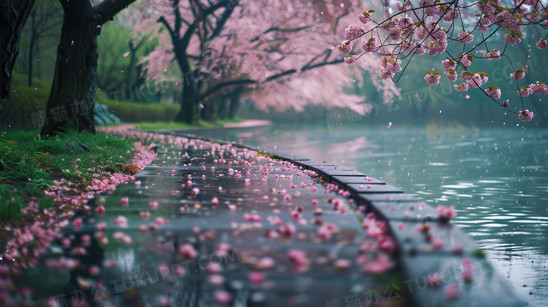 春天樱花盛开的江边步道图片