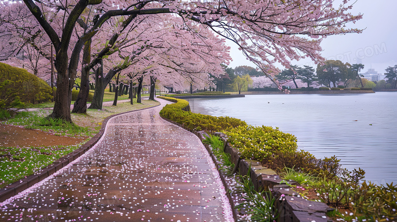 春天樱花盛开的江边步道图片