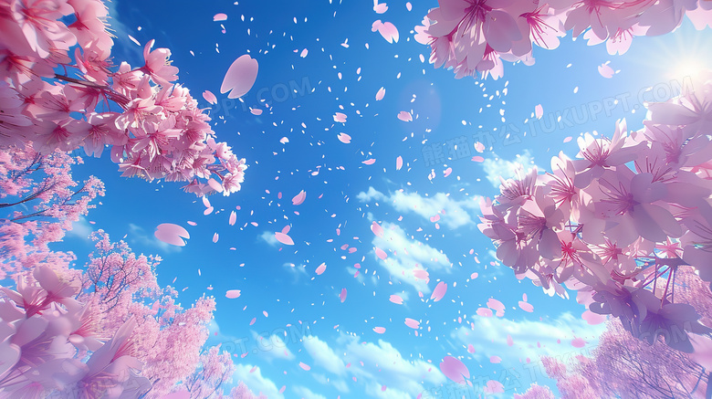 樱花树林里仰望蓝天的图片