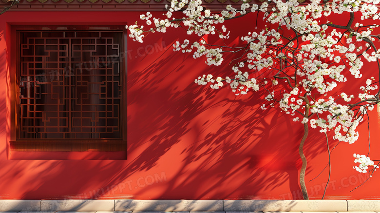 红色中国古代建筑红墙旁的樱花树图片