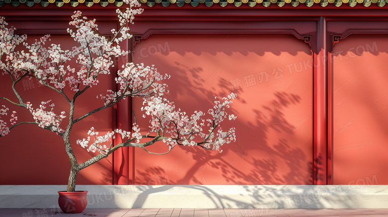 红色中国古代建筑红墙旁的樱花树图片