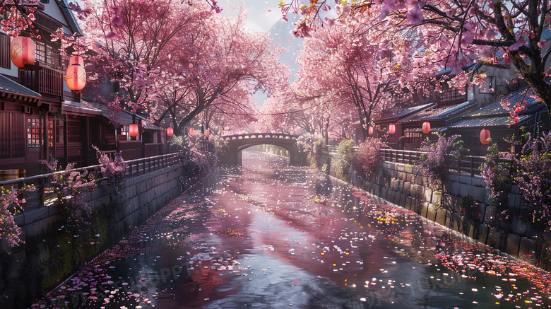 樱花盛开的水乡古镇图片