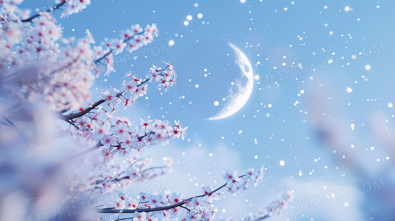樱花树林里仰望月亮蓝天的图片