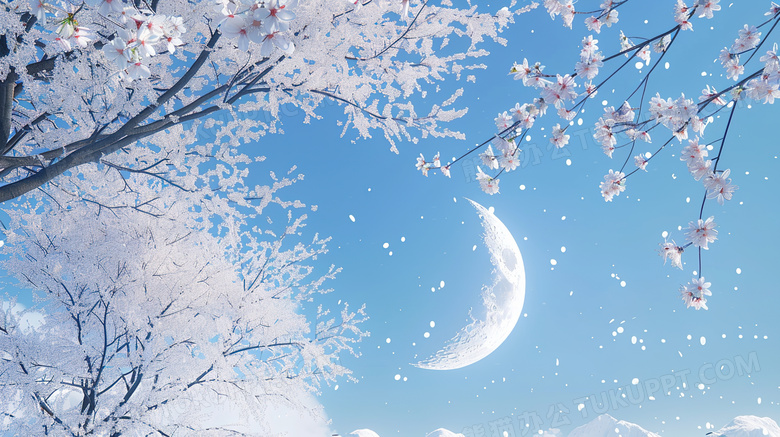 樱花树林里仰望月亮蓝天的图片