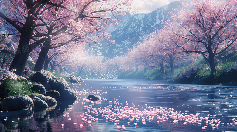 春天小河旁盛开桃花树林图片